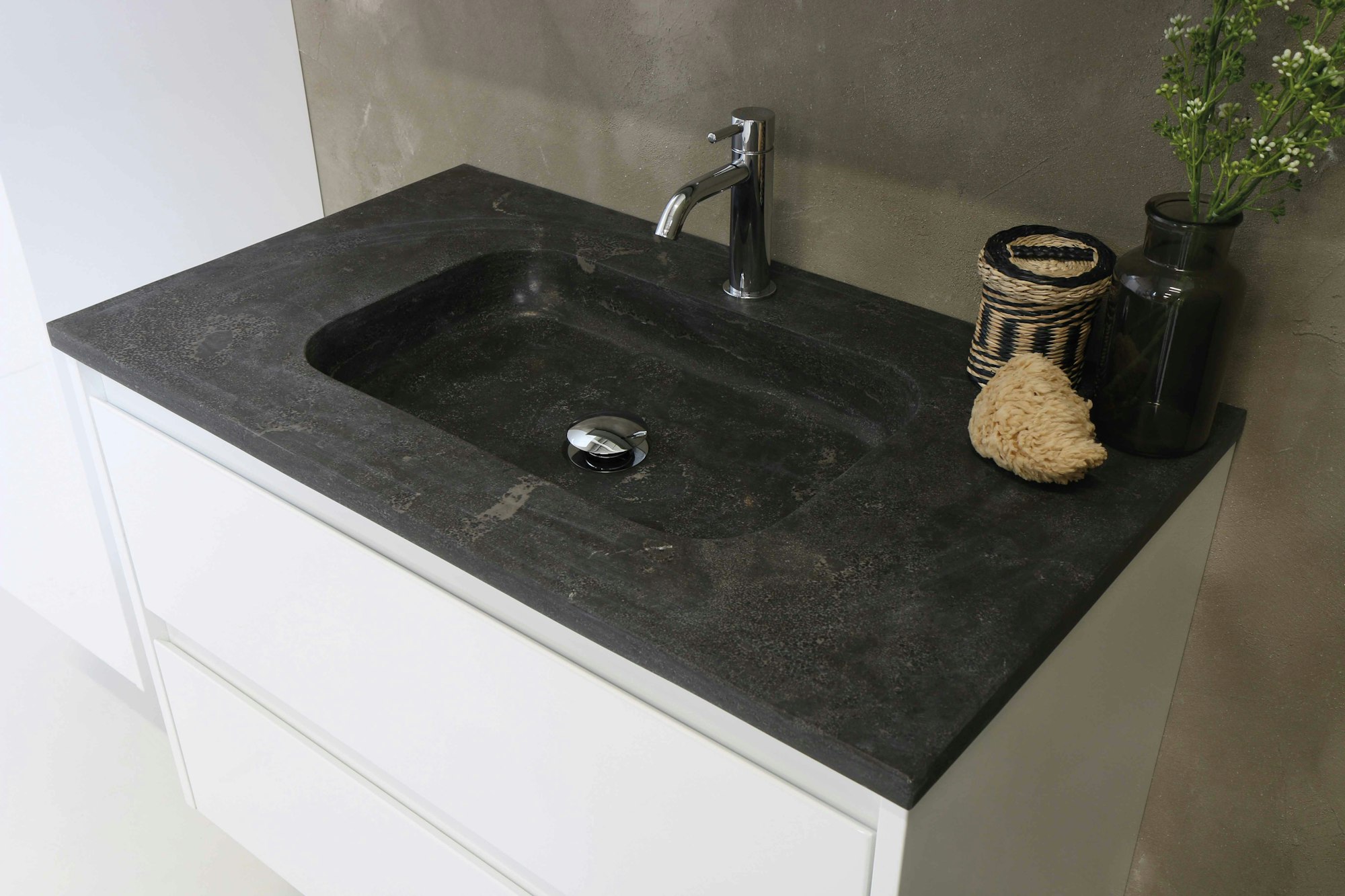 black ceramic sink with stainless steel faucet