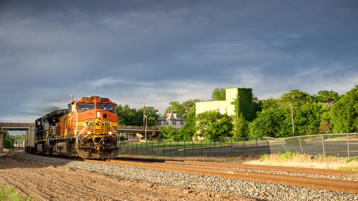 An orange freight locomotive on the tracks in Guthrie, Oklahoma, under storm clouds