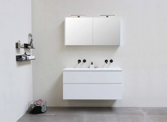White Floating Vanity — commercial washroom interior design