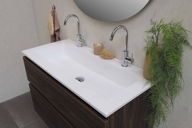 A modern bathroom sink setup with two chrome faucets, a white rectangular basin, and a dark wooden cabinet underneath. Towels hang on the wall to the left, and a potted green plant is on the right. A bathroom mirror is partially visible above the sink, and small bathroom accessories, including a sponge and container, are placed on the sink's countertop.
