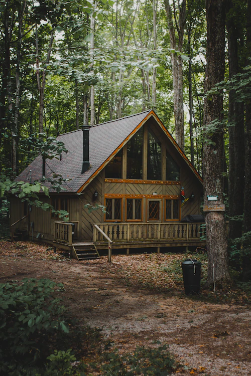 Chalet en bois à pignon pointu et terrasse, en lisière de forêt