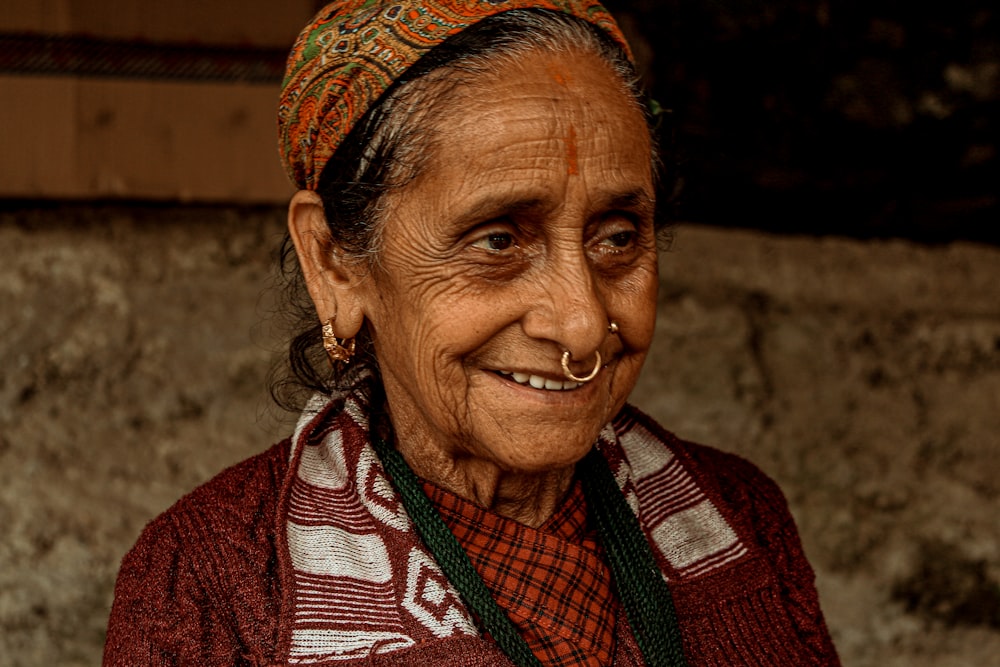 woman in red and white scarf