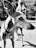 A close-up black and white photo of a dog with short fur, wearing a collar with a heart-shaped tag. It is standing outdoors on a paved surface, looking to the side. In the background, there is a blurred view of a patio with outdoor furniture.