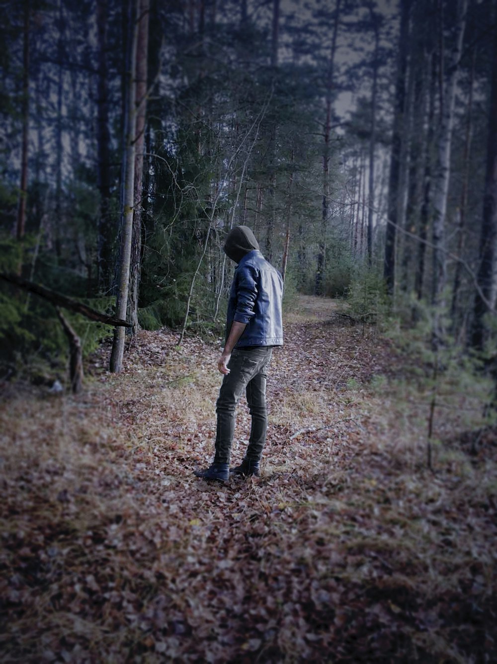 man in white long sleeve shirt and black pants walking on forest during daytime