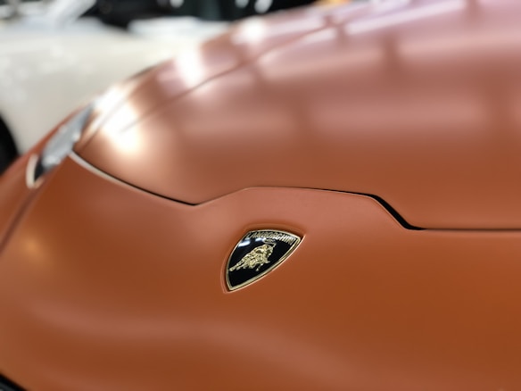 A close-up image of the front of a car, featuring a sleek and polished surface with a prominent logo in the center. The logo appears to be metallic and is positioned on a glossy brown hood.