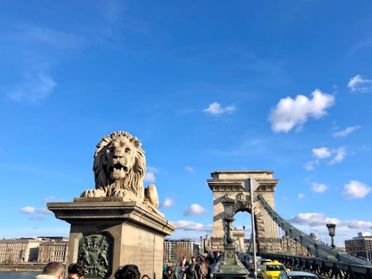 people walking on bridge under blue sky during daytime in Chain Bridge Hungary