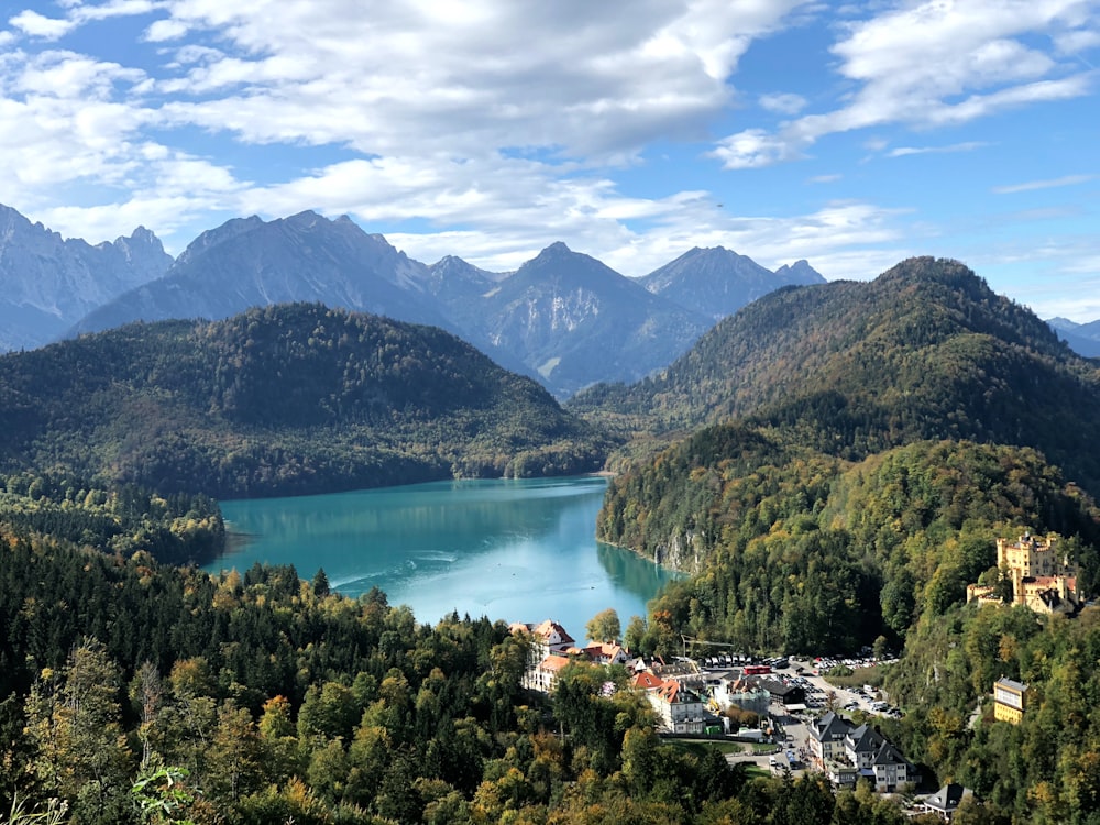 Árboles verdes cerca del lago bajo el cielo azul durante el día