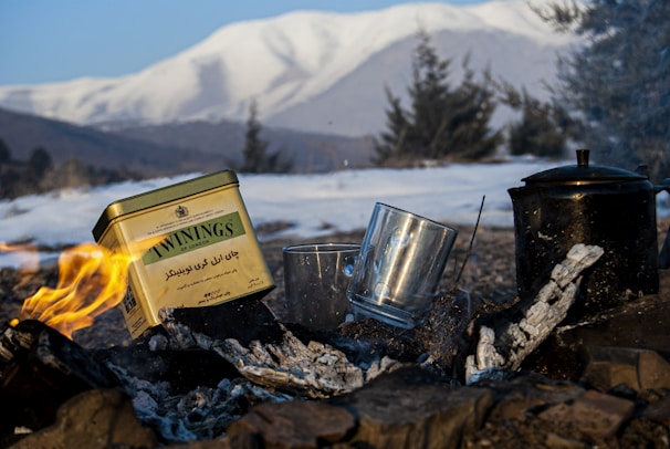 A close-up view of a campfire with a tin of Twinings tea prominently placed. There are two transparent glass cups and a blackened kettle next to the fire. In the background, snow-covered mountains and coniferous trees create a serene outdoor setting.