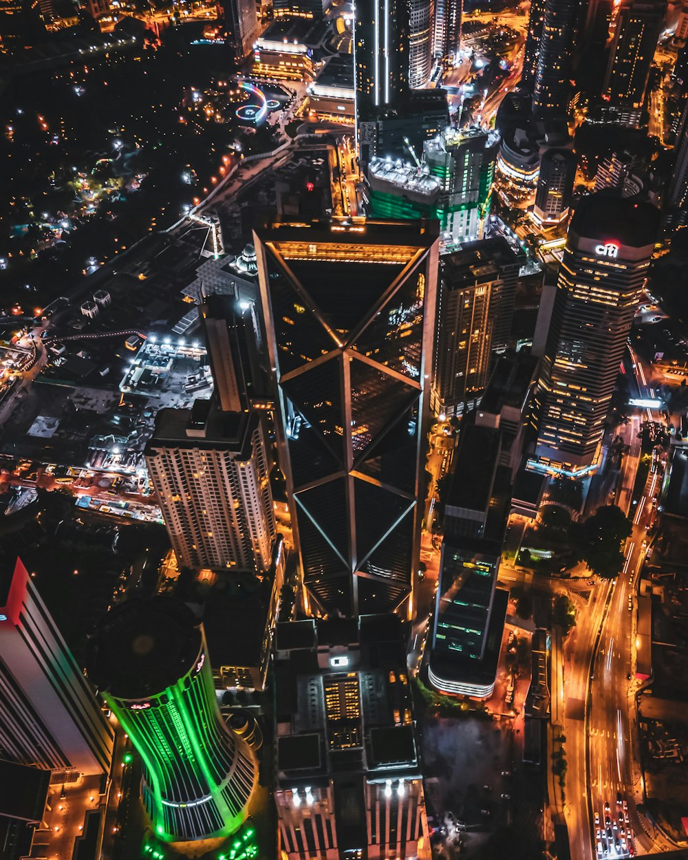 aerial view of city buildings during night time