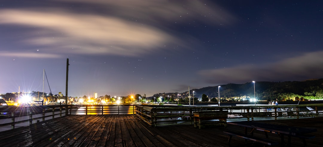 brown wooden bench near body of water during night time