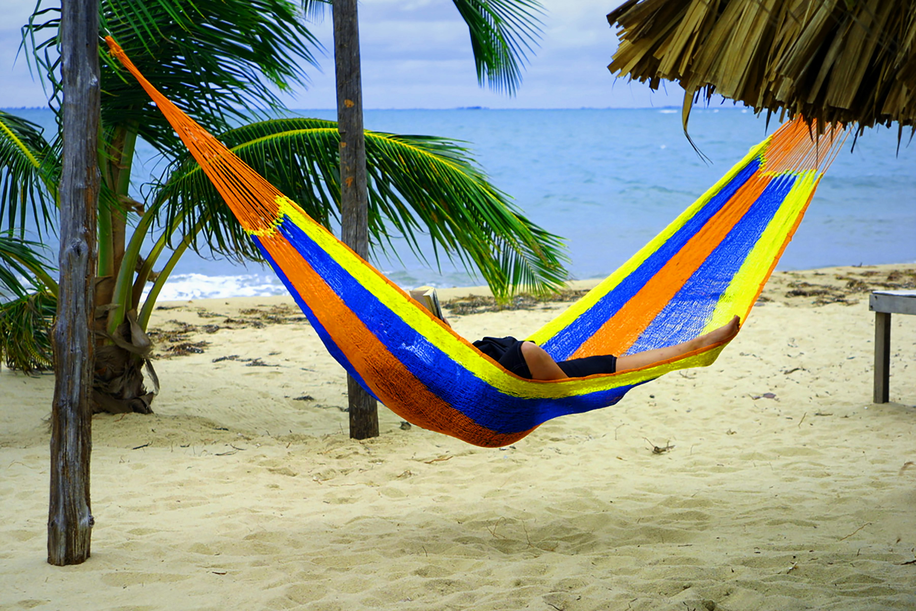 blue and yellow hammock on beach during daytime