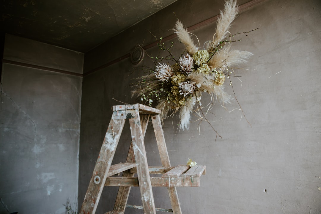 brown wooden ladder leaning on wall