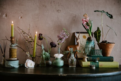 A charming arrangement of home décor items including candles, small plants, and decorative figurines.