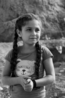 grayscale photo of girl in crew neck t-shirt