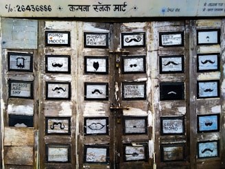 A series of old, weathered wooden doors with multiple small, square panels, each displaying various mustache designs and whimsical text messages. The paint is peeling, giving an antique appearance. Hindi writing is visible at the top, and each panel features either a painted mustache style or humorous phrases like 'Momos Mooch' and 'Momos Are Shy'.