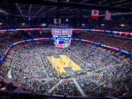 Fans cheering passionately in a packed basketball arena.