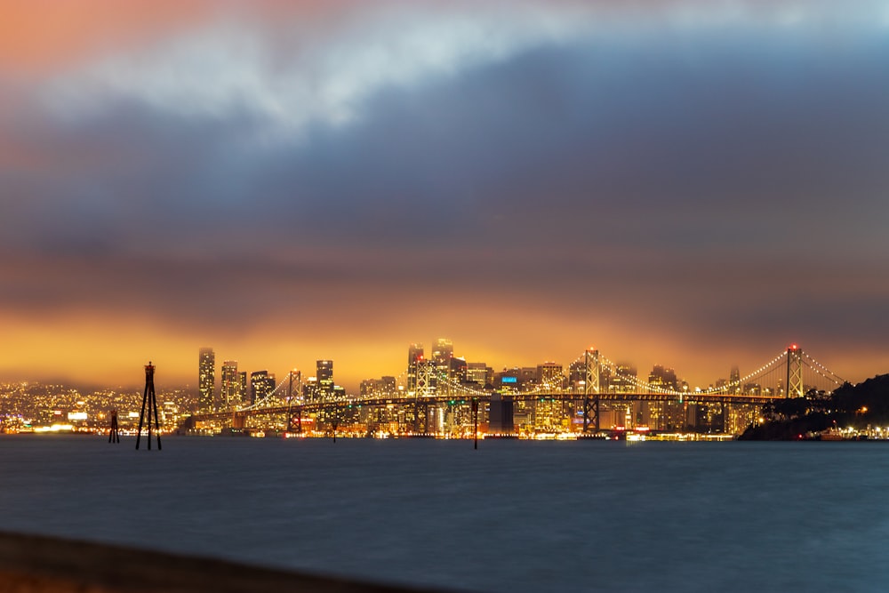 city skyline during night time