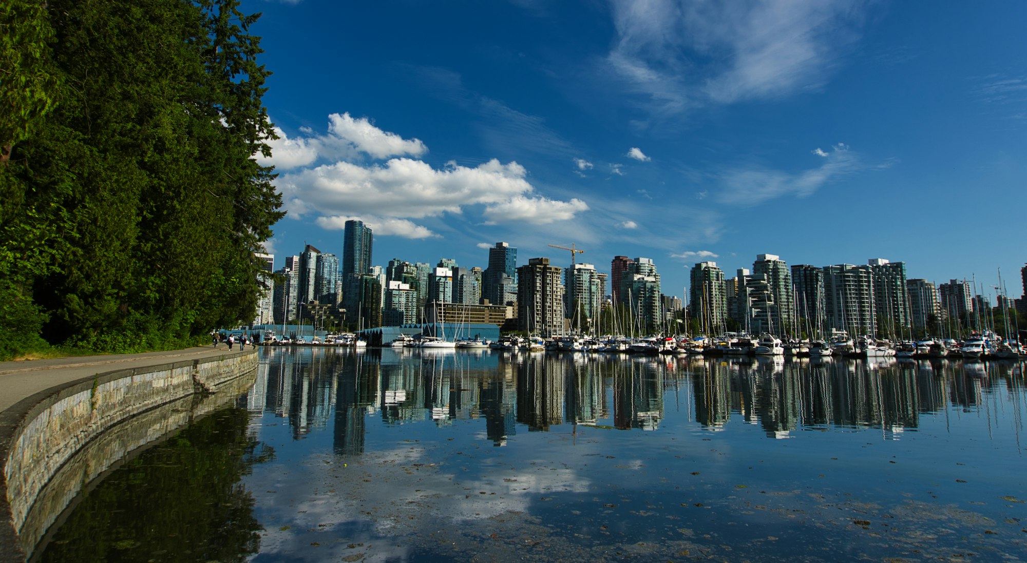 A view of some buildings from the Stanley Park Seawall