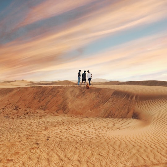 2 person walking on desert during daytime in Al Madam United Arab Emirates