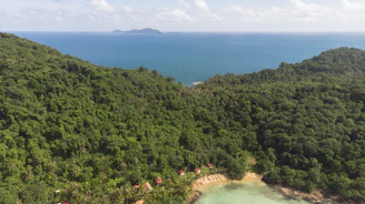 A dense, lush green forest covers the hillside, descending towards a small, isolated beach with turquoise waters. A series of small red-roofed cabins is nestled at the edge of the forest near the coastline. In the distance, a calm sea stretches out to the horizon, with a small island visible far off.