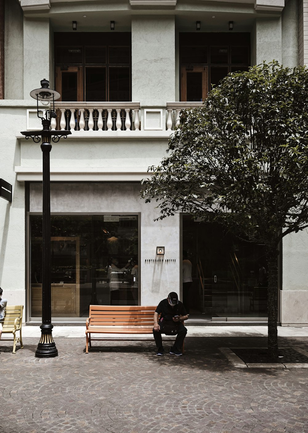 man in black jacket sitting on bench near tree