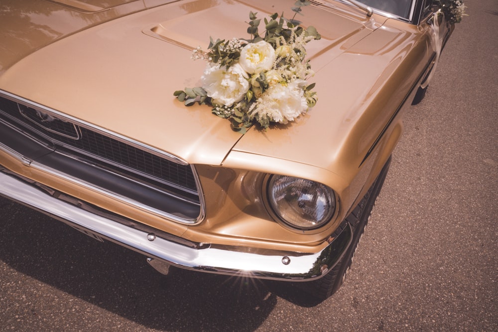 white flowers on beige car