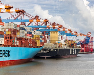 blue and red cargo ship on dock during daytime