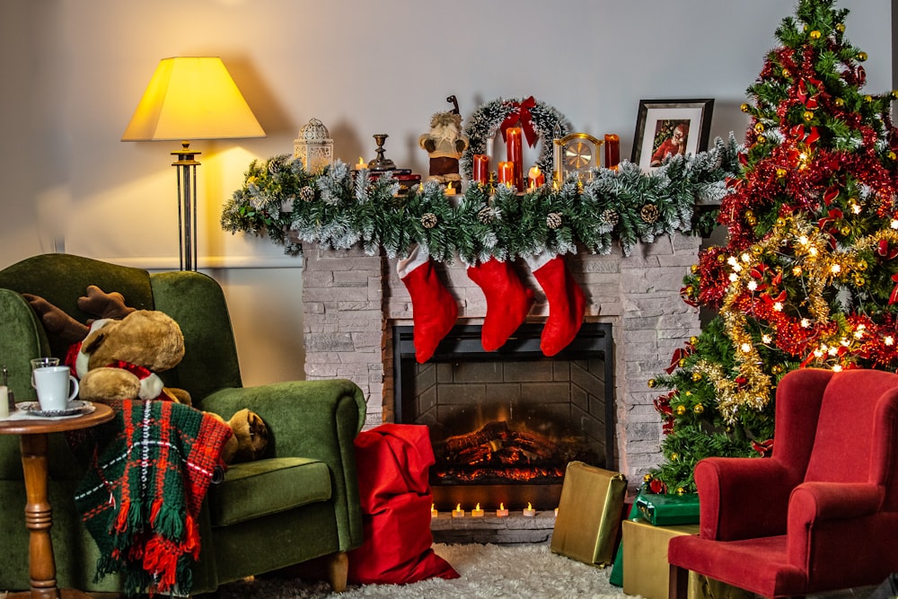 green sofa chair beside green christmas tree