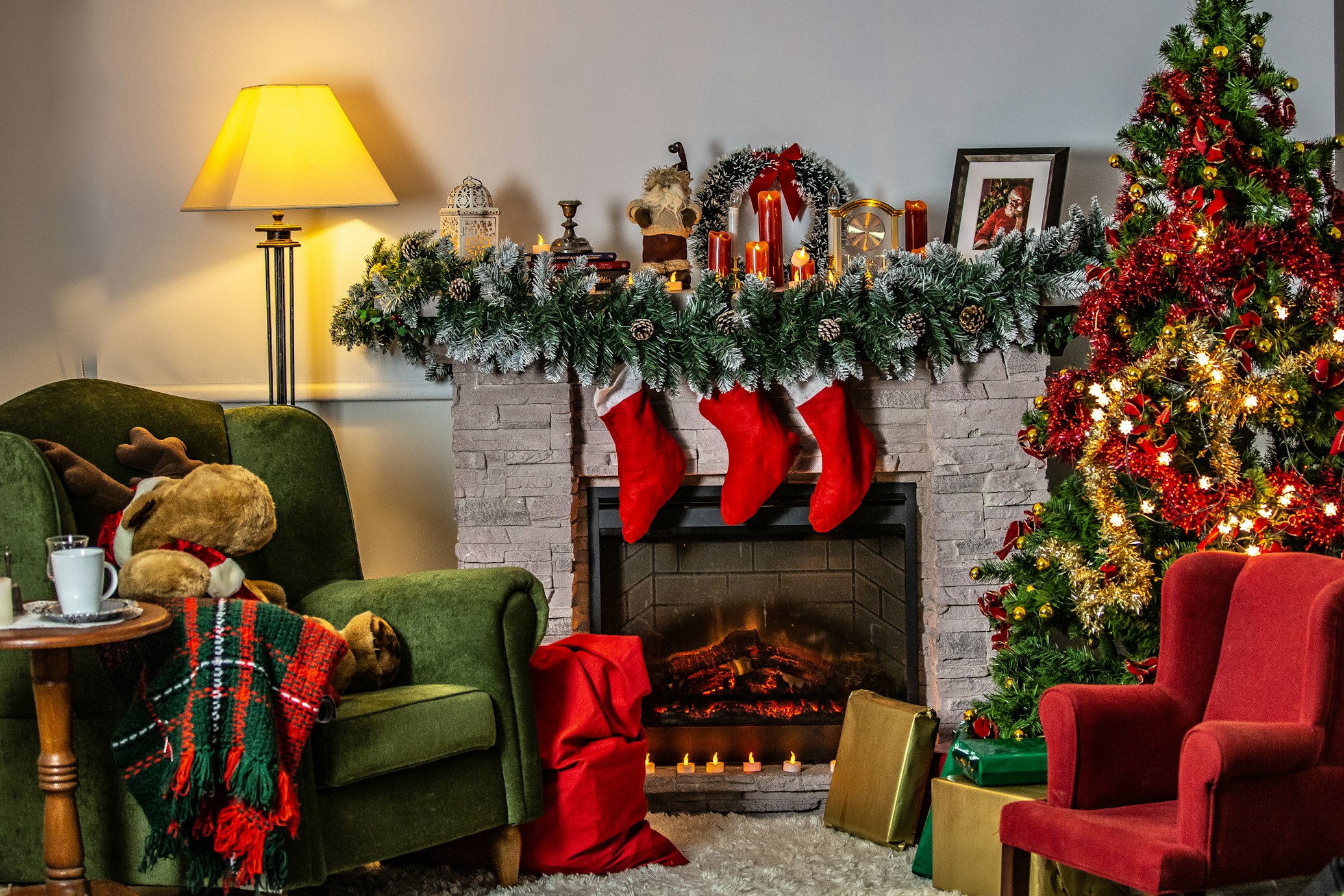 Christmas decorations on fireplace