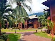 A serene resort scene with traditional wooden buildings surrounded by lush palm trees. The pathway is paved with red bricks, and in the background, there are green hills partially obscured by mist.
