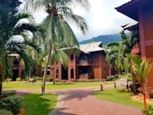 A serene resort scene with traditional wooden buildings surrounded by lush palm trees. The pathway is paved with red bricks, and in the background, there are green hills partially obscured by mist.