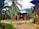 A serene resort scene with traditional wooden buildings surrounded by lush palm trees. The pathway is paved with red bricks, and in the background, there are green hills partially obscured by mist.