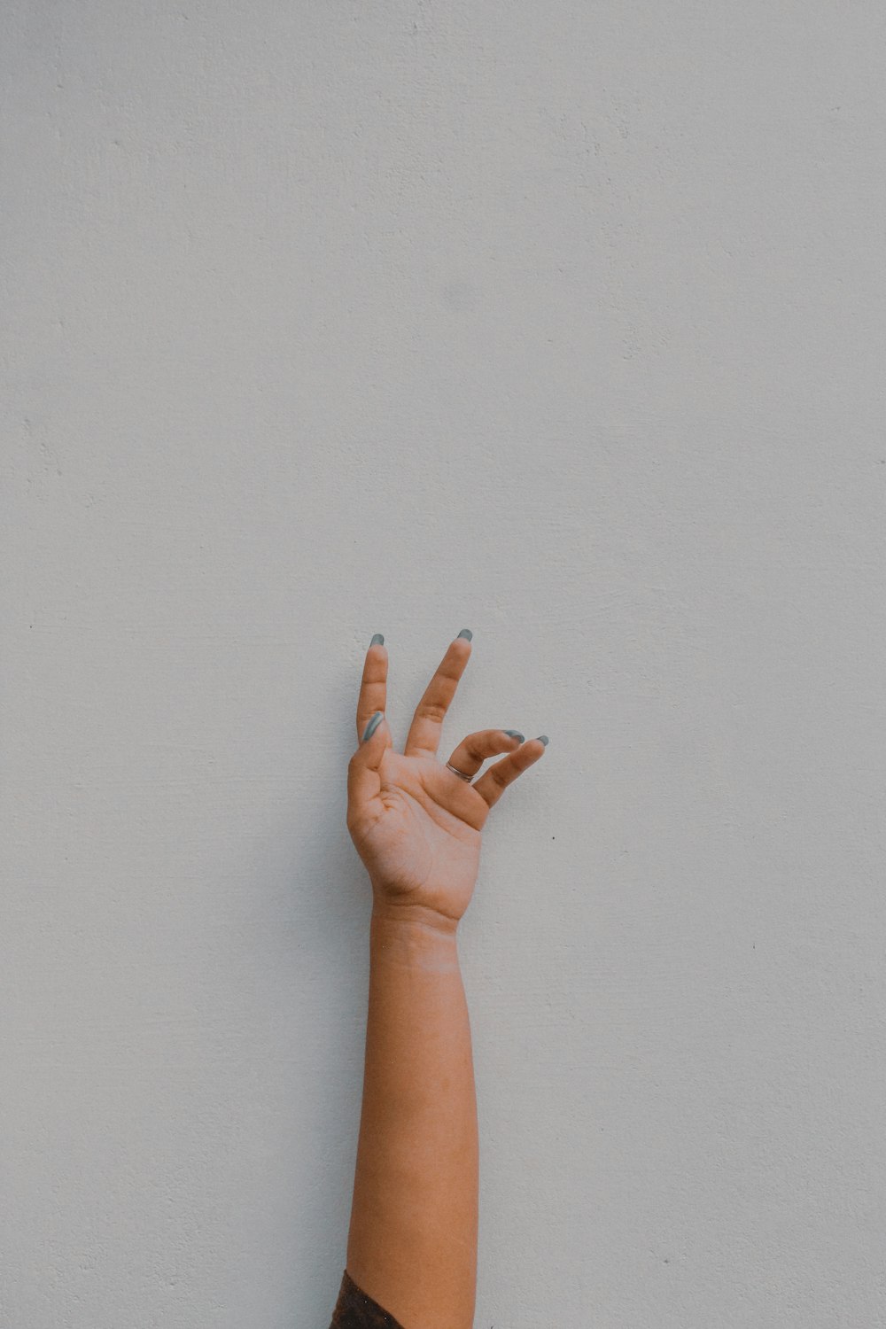 persons left hand doing peace sign