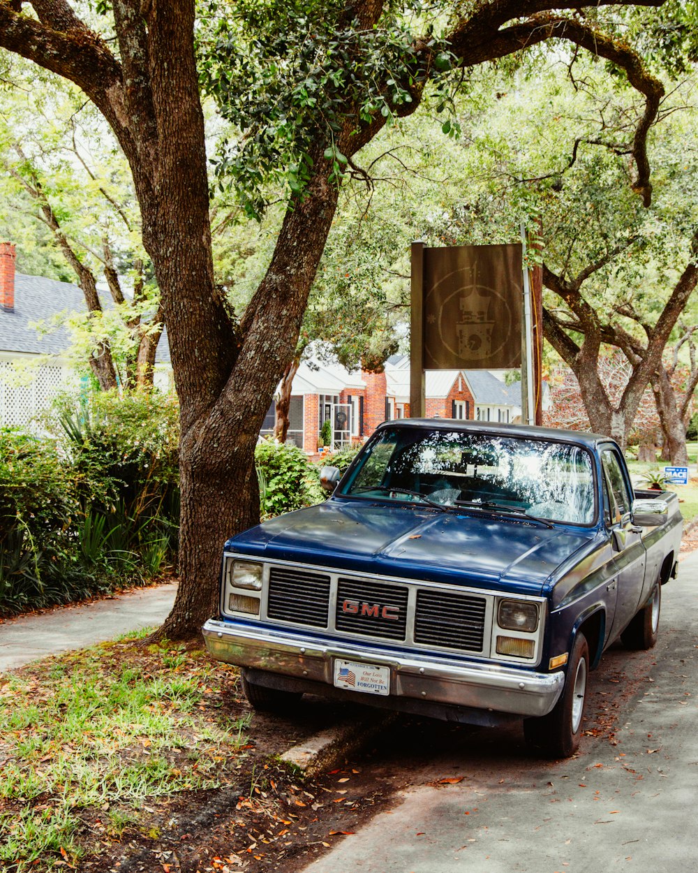 blue car parked beside green tree during daytime