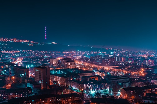 city with high rise buildings during night time
