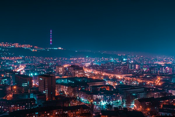 City with high rise buildings during night time — Yerevan, Armenia