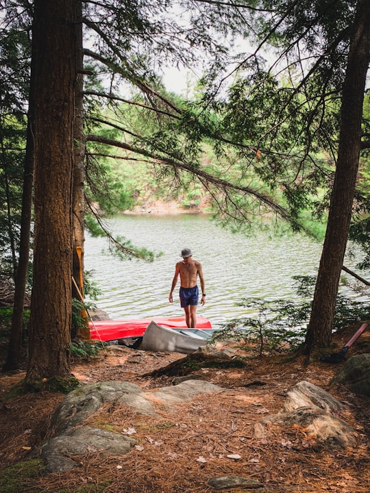 woman in black tank top sitting on red kayak on lake during daytime in Massasauga Provincial Park Canada