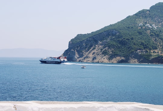 white and black boat on sea near green mountain during daytime in Skopelos Greece