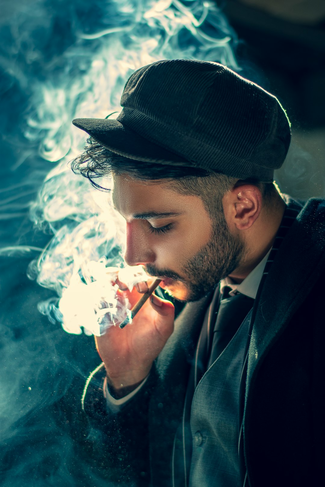 man smoking cigarette wearing black hat