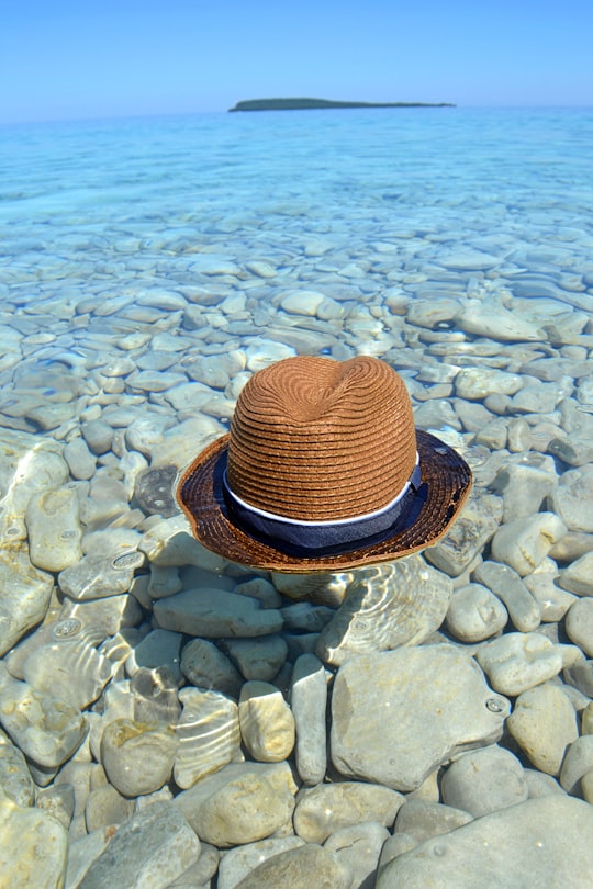 brown and black fedora hat on gray stone in Flowerpot Island Canada