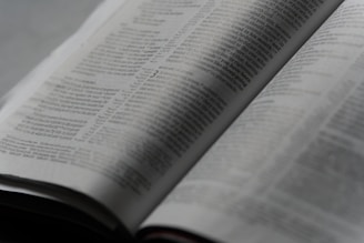 An open book with printed text on its pages, showing a focus on the paragraphs and detailed written content. The lighting is soft, creating a calm and studious atmosphere.