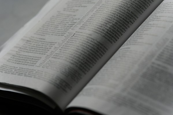 An open book with printed text on its pages, showing a focus on the paragraphs and detailed written content. The lighting is soft, creating a calm and studious atmosphere.