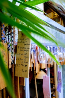 A collection of decorative wooden plaques and glass wind chimes hang together. One plaque bears a handwritten message with a heartfelt wish framed by natural green leaves providing a vibrant foreground. The scene exudes a crafted, artistic feel with various ribbons and strings adding to the visual interest.
