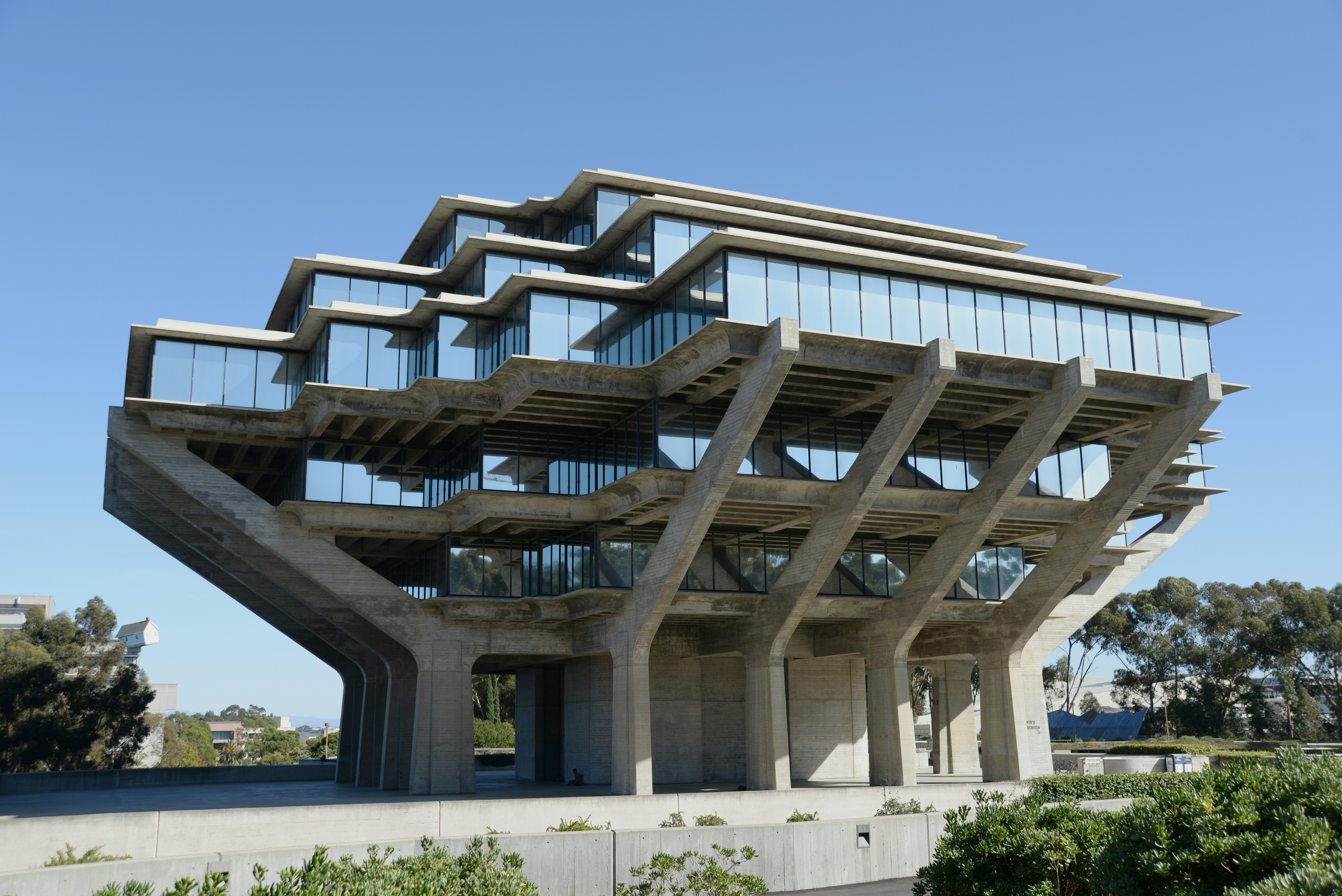 The Geisel Library may be the most recognized example of Brutalist architecture. The building is named for local author Theodor Seuss Geisel, better known as Dr. Seuss. The concrete piers of the building represent hands and the glassed-in floors represent books. Built in 1970, the Geisel Library is part of University of San Diego. The architect, William Pereira, created other famous California buildings including the Transamerica Pyramid in San Francisco. Brutalist architecture was popular in the 1950's to mid '70s, known for heavy concrete structures in harsh, abstract styles.