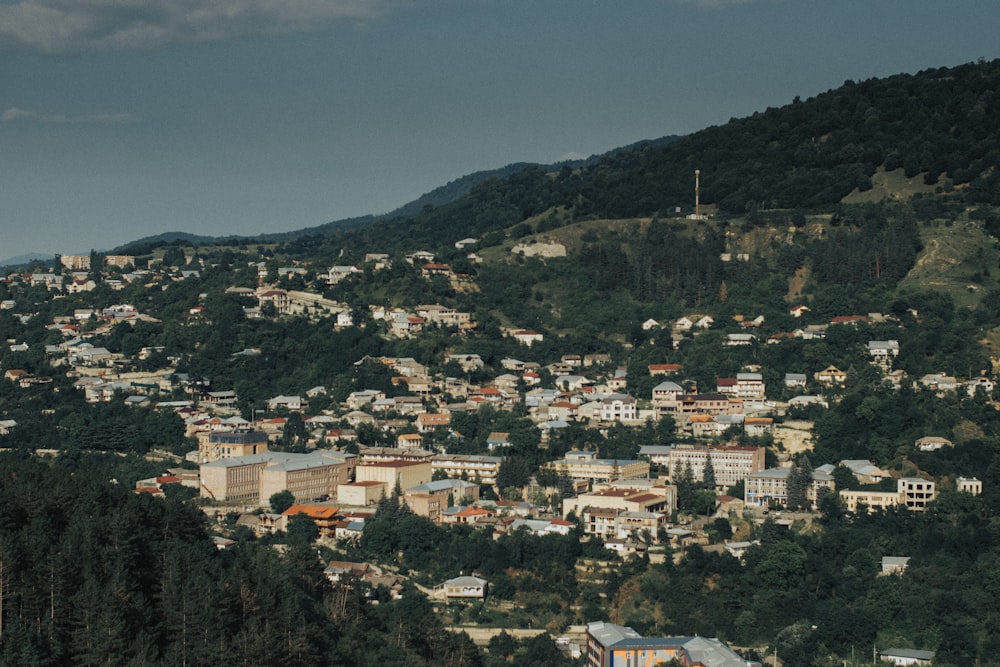 white and brown concrete buildings on green mountain during daytime