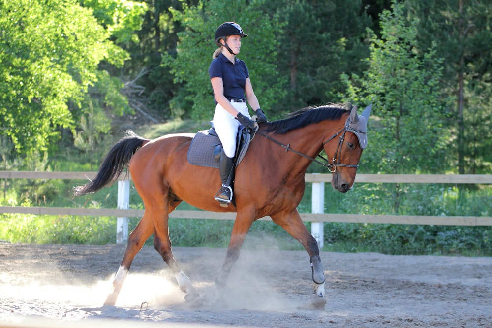 昼間、茶色の馬に乗っている青と白の長袖シャツを着た女性