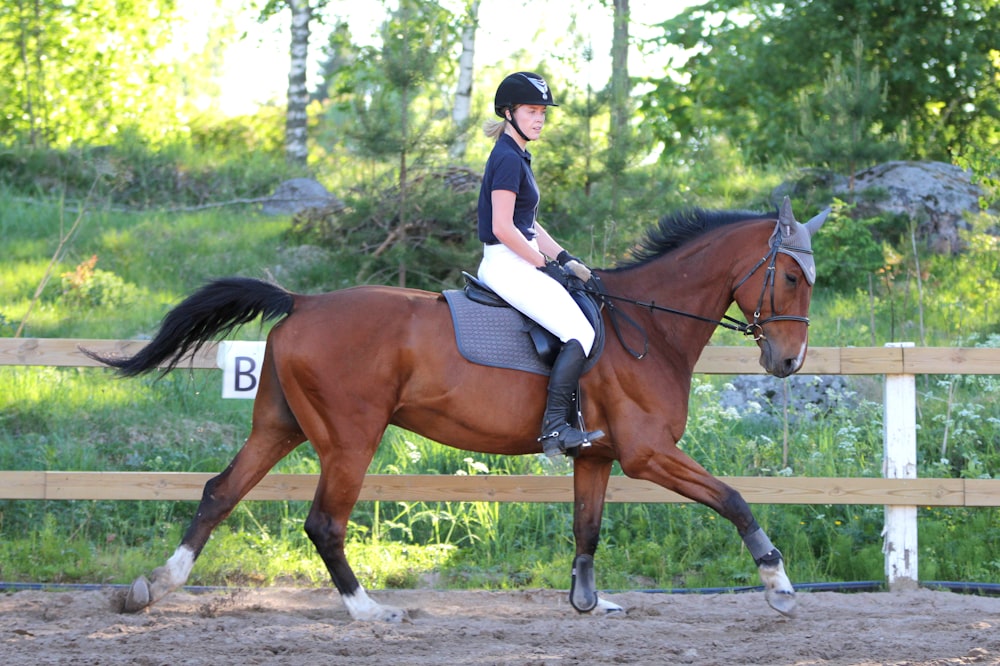 昼間、茶色の馬に乗る青いシャツの女性