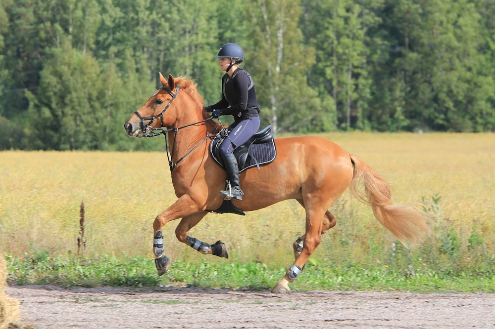 Femme en veste en cuir noir chevauchant un cheval brun pendant la journée