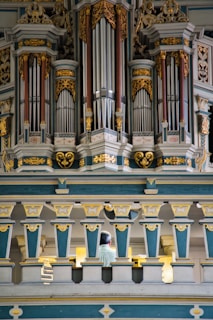 An ornate and intricately designed pipe organ with golden decorative elements and blue-gray panels dominates the scene. Below the organ pipes, a person is seated, partially visible from behind, possibly playing the organ.