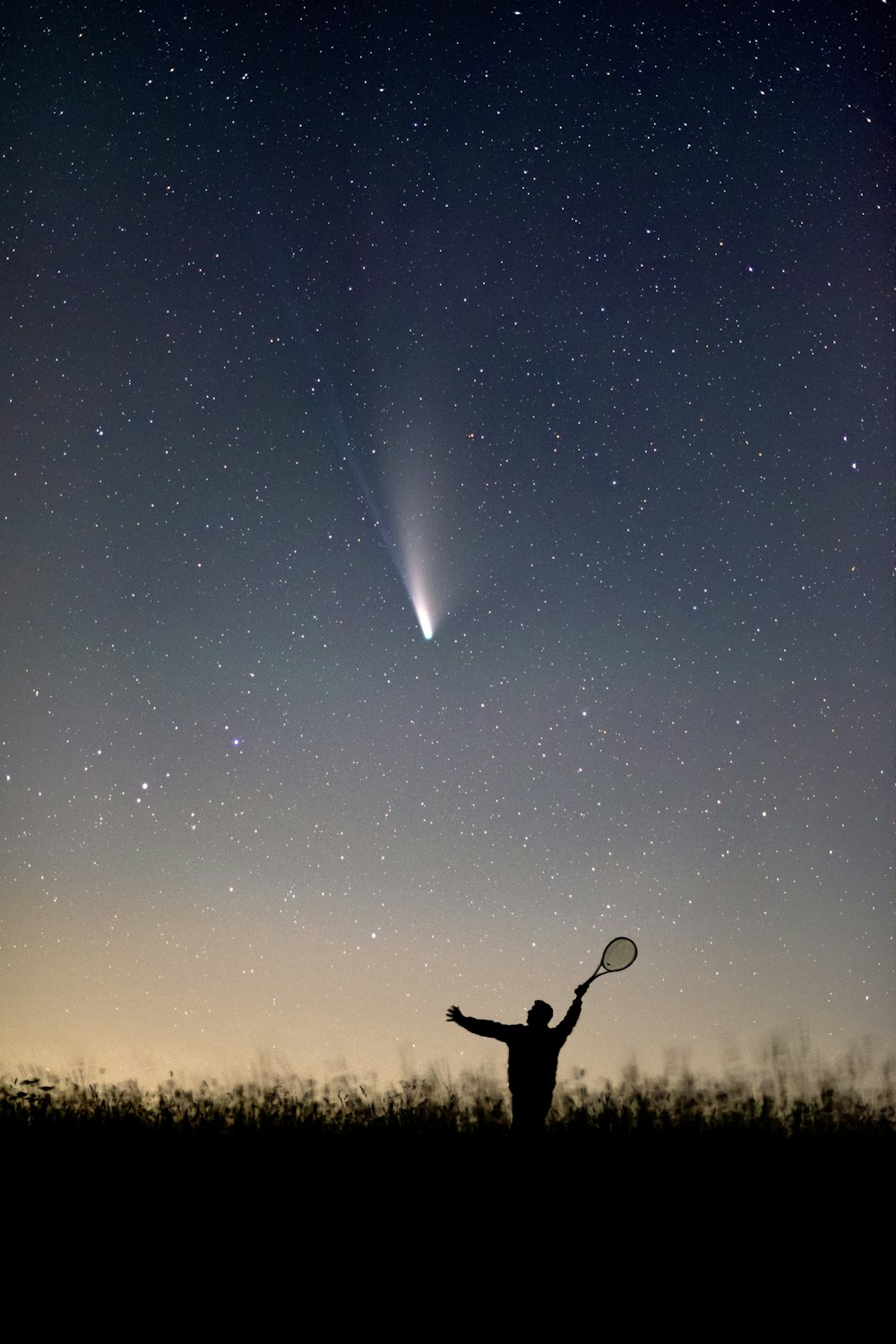 silhouette of person standing on grass field under starry night